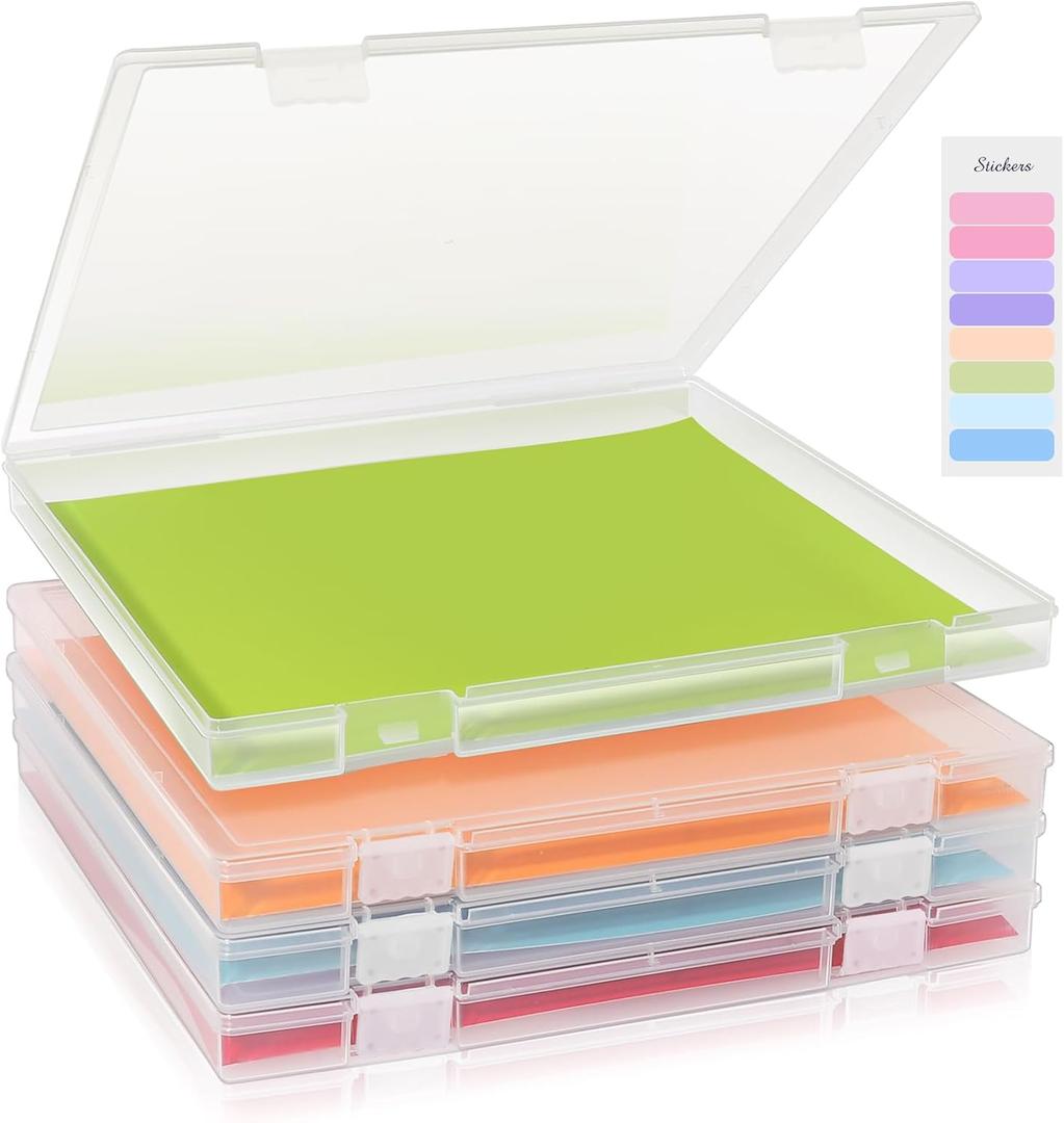 12x12 Inch Scrapbook Paper Storage, 4 Pack Plastic Paper Storage Box with Colorful Tab, Stackable Board Game Storage for Paper File, Photo, Craft Supply, Board Game, Office Supply, Vinyl Sheet