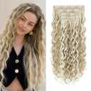Curly Clip In Hair Extensions, 4PCS 20 Inch Ash Blonde with Highlights Extensions Clip Ins Lace Weft Curly Invisible Natural Hairpieces for Women