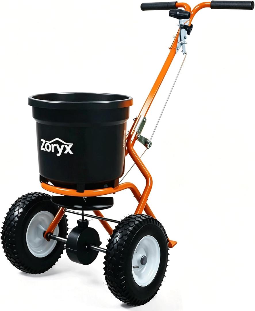 ZORYX 50LB Walk-Behind Broadcast Spreader, Heavy Duty Push Spreader for Fertilizer, Seed, Salt, Ice Melt, 13Melt13 Pneumatic Tires, Adjustable Flow, Anti-Clog Hopper w/Rain Cover
