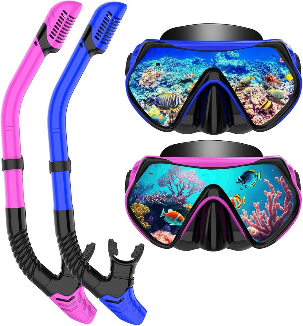 Snorkeling Gear for Adults, Dry-Top Snorkel Set Scuba Diving mask, 180Panoramic Wide View Professional Snorkeling Gear Breathing Freely Snorkel Mask (Purple+Blue)