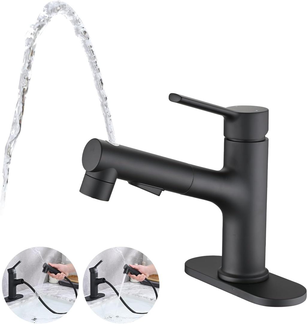 Bathroom Sink Faucet with Pull Out Sprayer, Single Handle Modern Bathroom Basin Faucet with Pop-up Sink Drain Stopper & Deck Plate 1 or 4-inch Centerset 3 Hole, Matte Black
