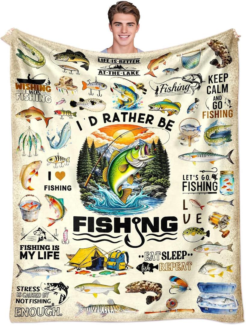 Fishing Blanket Gifts for Men Soft Flannel Fishing Throw Blanket Funny Fish Gift Merch Stuff for Boys Fisherman 50"X40"