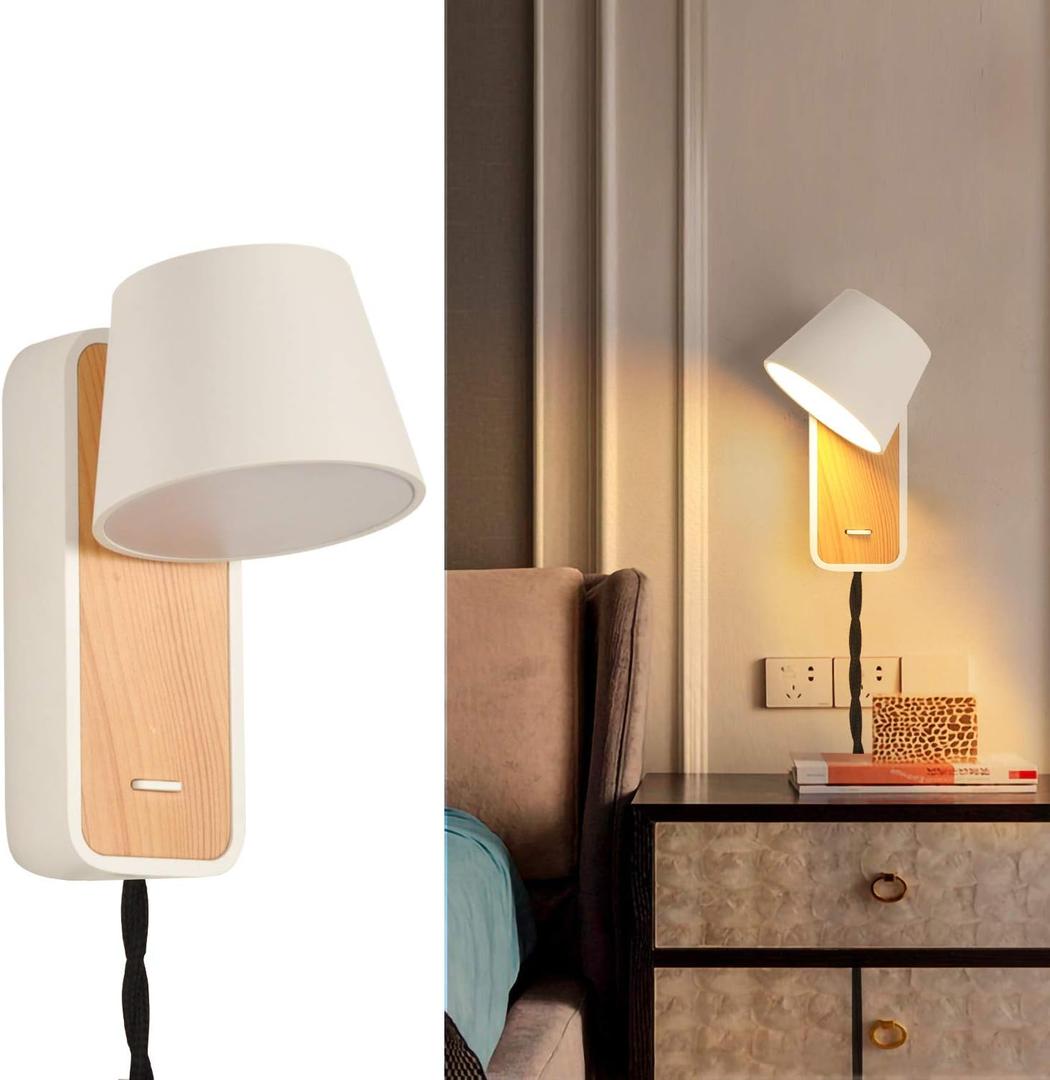 Modern Wall Lamp with Plug in Cord for Bedrooms Hallway Living Room, Indoor Contemporary Mounted Lighting Fixture,Nordic Bedside Rotatable Reading Lights, Up Down White Wooden Sconces with Switch