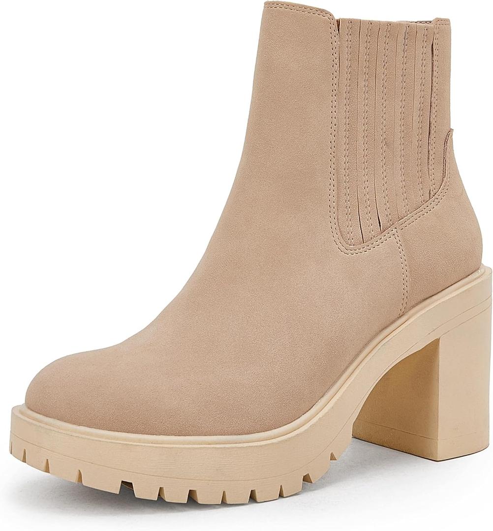 Syktkmx Womens Platform Chelsea Ankle Boots Lug Sole Chunky Block Heel Slip On Accordion High Top Western Booties