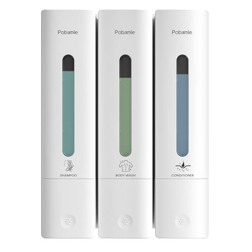 Pobamle Shampoo and Conditioner Dispenser - Shower Soap Dispenser Wall Mounted No Drill - Shampoo Conditioner Body Wash Dispenser 3 Chamber - Easy Install for Bathroom Hotel White 1200ml