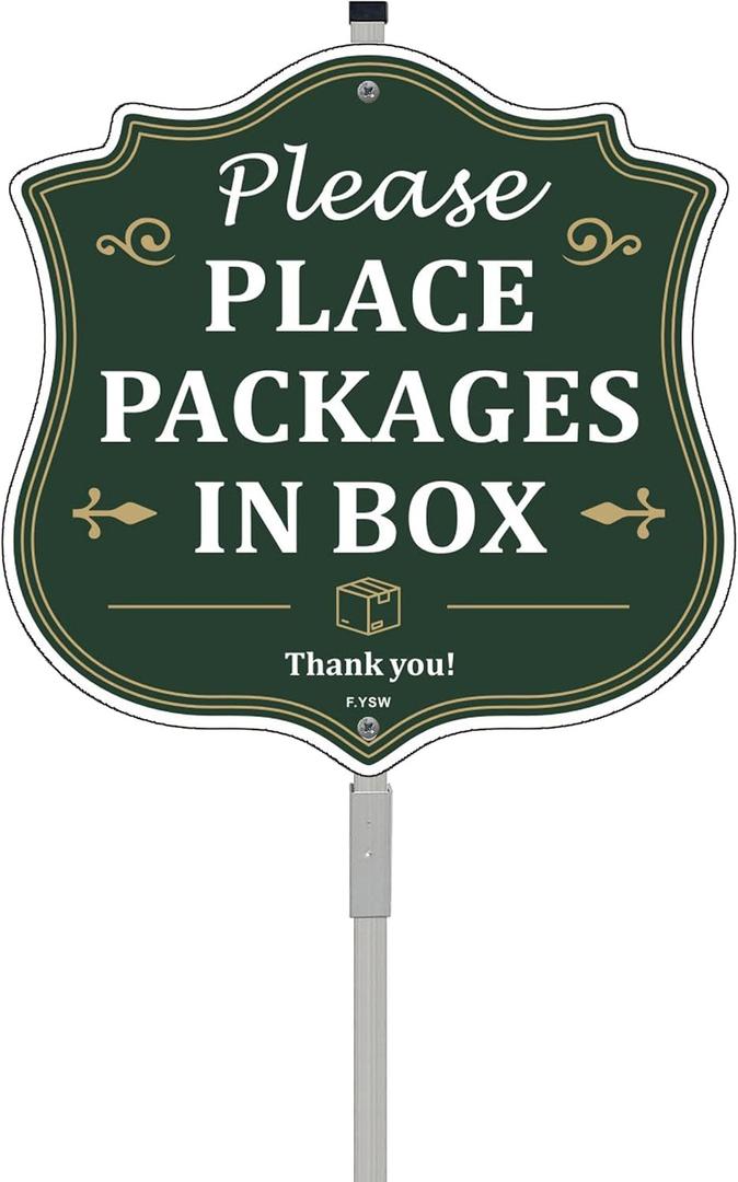 Package Deliveries Sign Please Place Packages In Box Signs Delivery Instructions Sign 10" x 10" With 28" Long Metal Stakes Aluminum Leave Box Signal