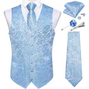 DiBanGu Mens Paisley Vest Tie Set with Lapel Pin Tie Clip 7PCS Silk V-Neck Suit Waistcoat and Necktie for Tuxedo Wedding (Blue, S)