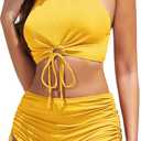 Women High Waisted Shorts Bikini Sets Tummy Control Swimsuit Two Piece Halter Drawstring Bathing Suit (Medium, Yellow)