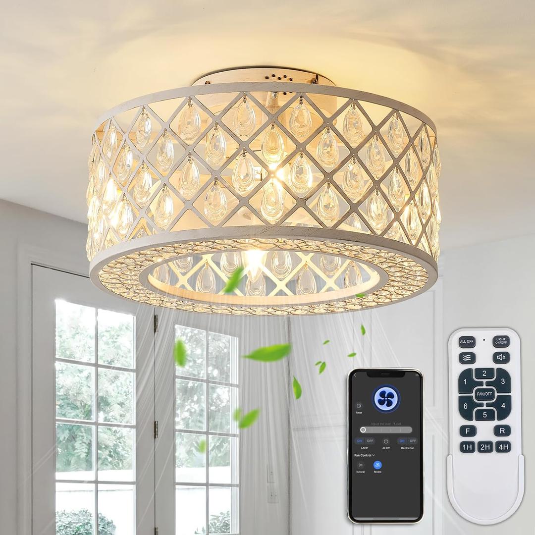 18 Inch Caged Ceiling Fans with Lights, Low Profile Ceiling Fan and Remote/APP Control Fandelier Crystal Fan Light for Bedroom Living Room Dining Room Kitchen Indoor, Including Bulb (Rustic White)