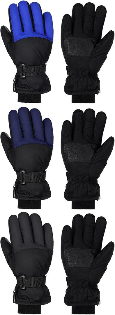 Bencailor 3 Pairs Kids Winter Gloves Waterproof Snow Ski Gloves Warm Windproof Adjustable Mittens for Boy Girl Outdoor (6-10 Years, Classic Blue, Gray, Dark Blue)