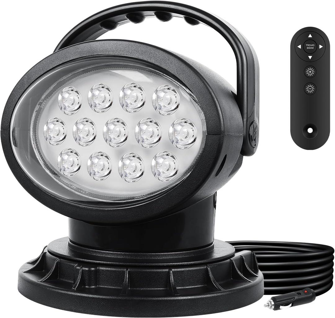 Willpower 50W 360 Degree LED Spot Search Light Rotating Remote Control Work Light with Magnetic Base for SUV Boat Emergency Lighting Home Security Farm Field Garden Protection,12V 24V