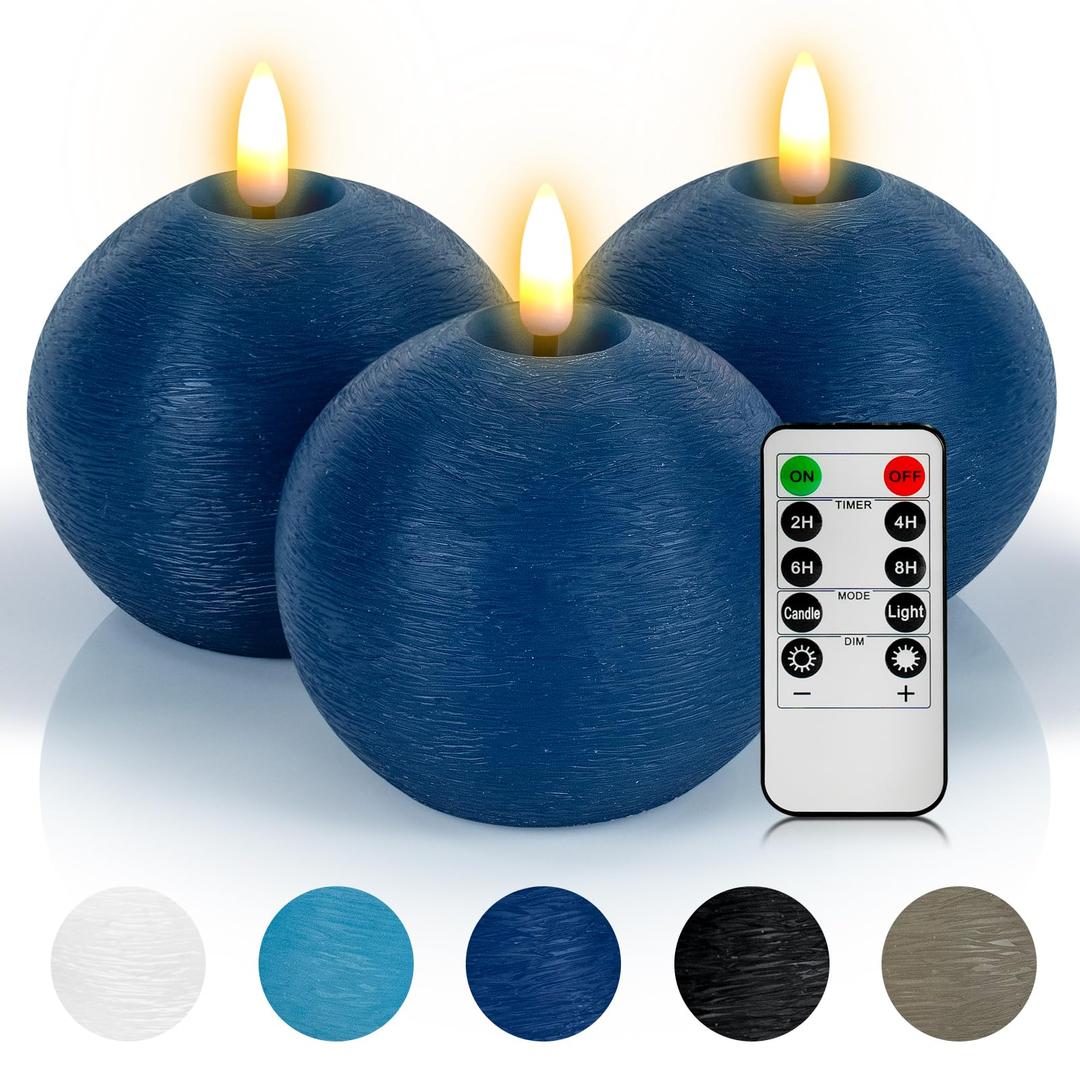 3 x Yongmao Flameless Candles with Remote, Blue Round Candles Ball LED Battery Operated Real Wax Candles Warm Light 3D Wick Flickering for Home Party Wedding Decor (Set of 3)