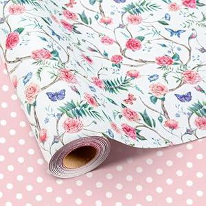 Retrify Pink Flowers Wrapping Paper Roll - 17 Inches x 32.8 Feet Mini Roll Cute Butterfly and Polka Dots Gift Wrap Paper for Mother's Day, Wedding, Birthday, Baby Shower, Holiday