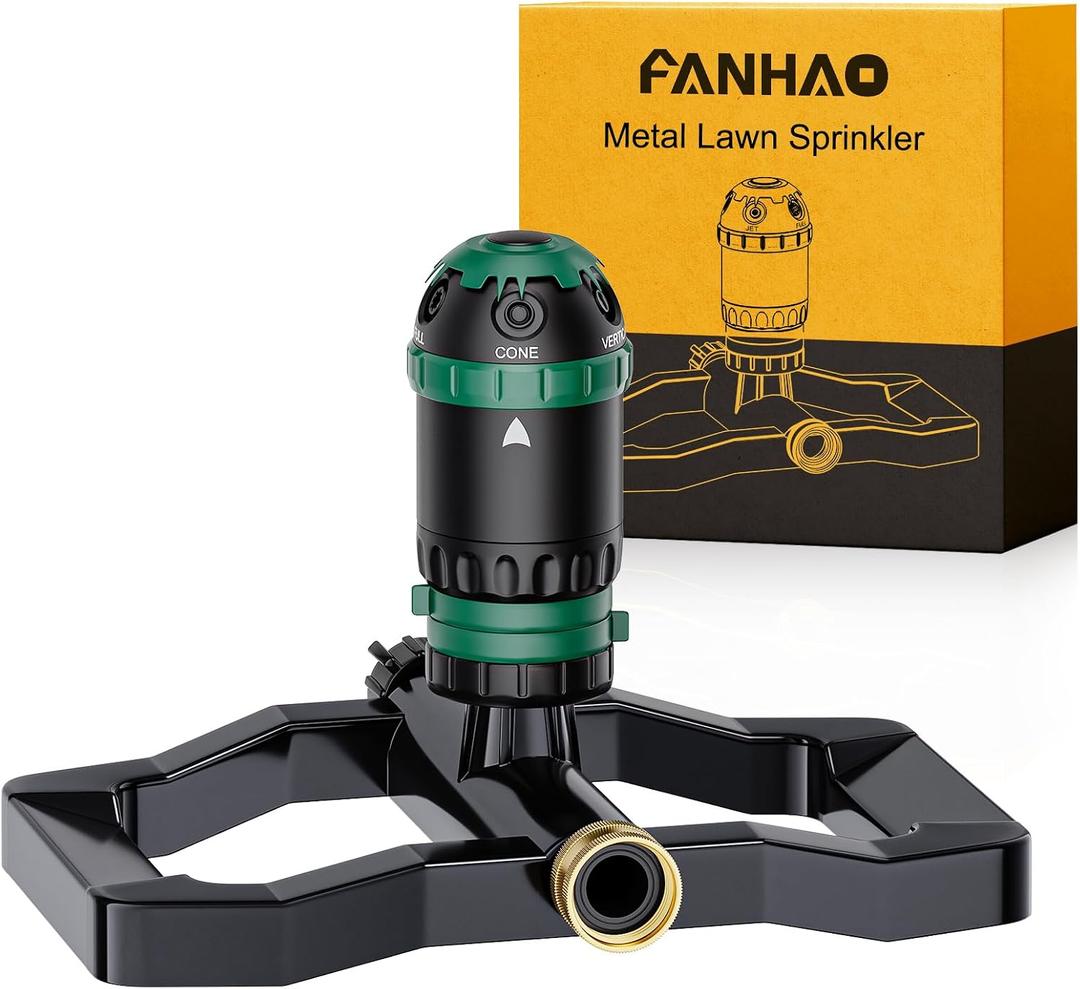 FANHAO Heavy Duty Gear Drive Lawn Sprinkler with Metal Base, 5 Spray Patterns Sprinkler Irrigation System, 360° Rotating Water Sprinkler for Large Area Yard, Flower Beds, Vegetable Gardens