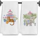 Chinoiserie Tiger Elephant Kitchen Towels, Traditional Oriental Dish Tea Towels for Kitchen Decor, Eastern Asian Pagoda Animal Decorative Hand Towel for Bathroom, 16x24 Inch Set of 2