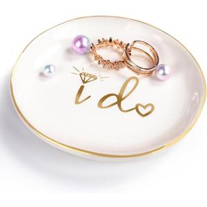 Edussy 1pc Jewelry Dish - Ceramic Jewelry Trinket Tray for Earrings Necklaces Bracelet Watch Keys Ring Holder Dish with I DO Letters Bridal Shower, Engagement Gifts for Bride To Be