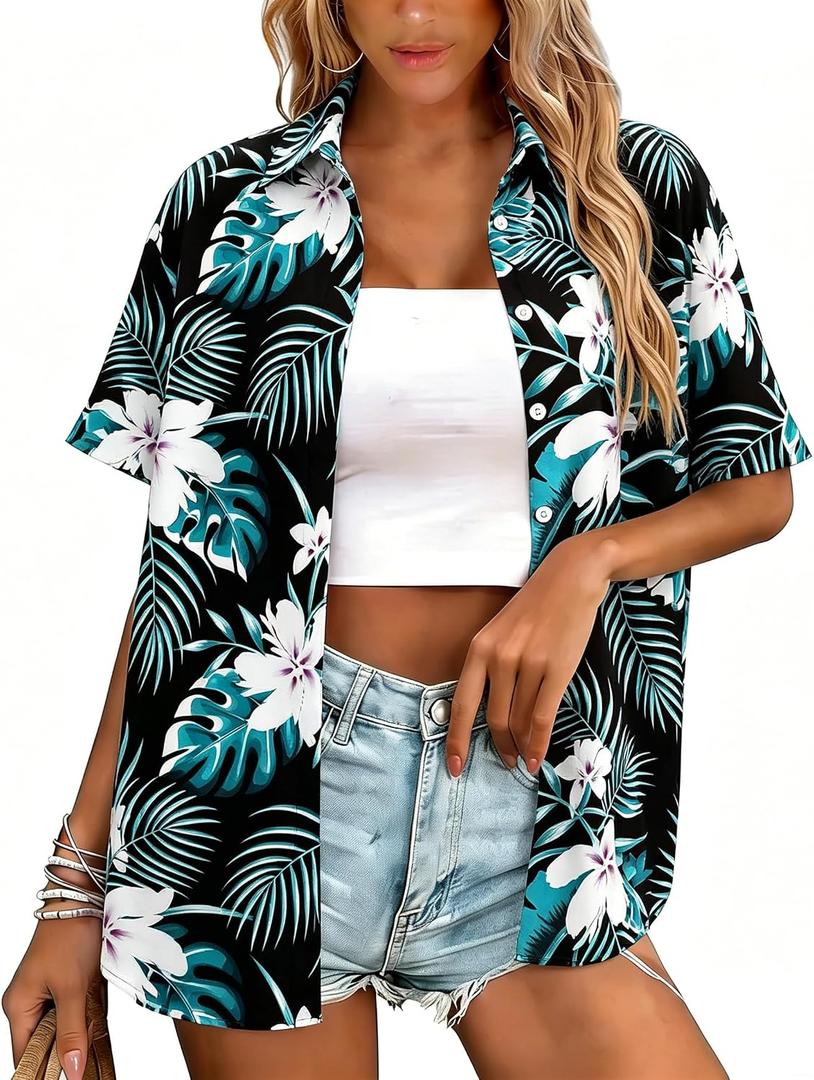 Hawaiian Shirts for Women Button Down Short Sleeve Summer Beach Tops (Blue)