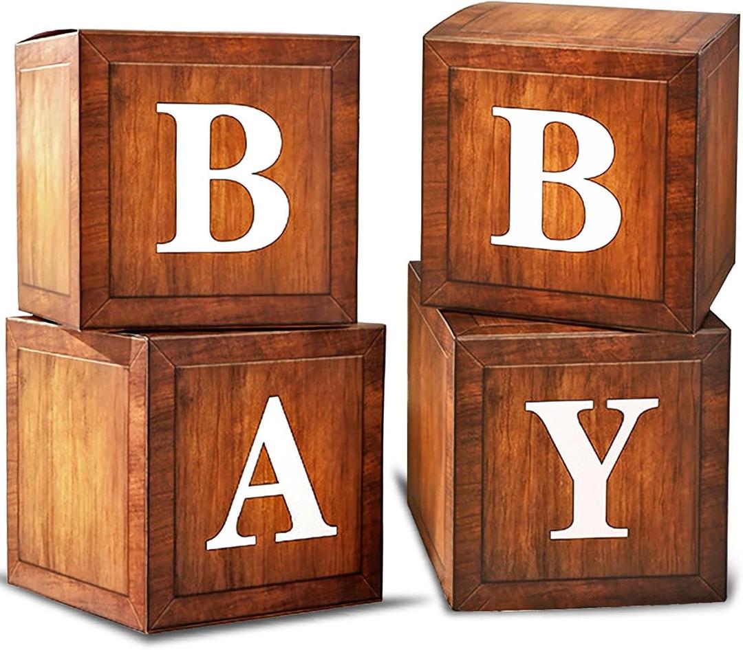 BabyWood Grain Brown Boxes - 4 Pcs Baby Gift Set with Letters, Teddy Bear Theme, Gender Reveal Party Decor