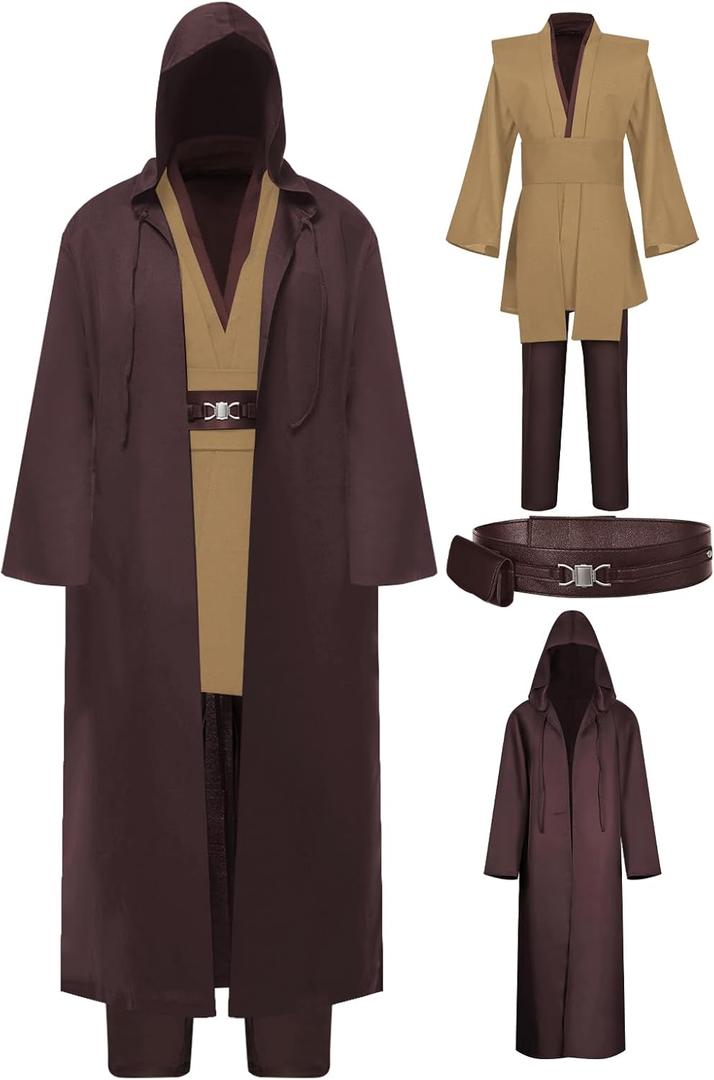 Tunic Hooded Robe Knight Costume Brown Outfits Halloween Cosplay Costume for Mens (Large, Brown Full Set)