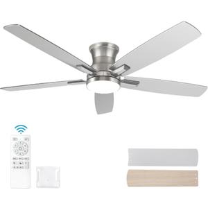 52 Inch Flush Mount Brushed Nickel Ceiling Fan with Light and Remote Control.Noiseless,Dimmable,3CCT,6 Speeds Reversible, Low Profile DC Ceiling Fans for Indoor or Covered Outdoor Use,ETL Listed