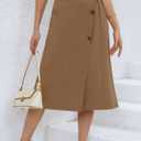 CHARTOU Women's Summer Linen Elastic Back Buttoned Swing Midi A Line Skirt (Brown, M)