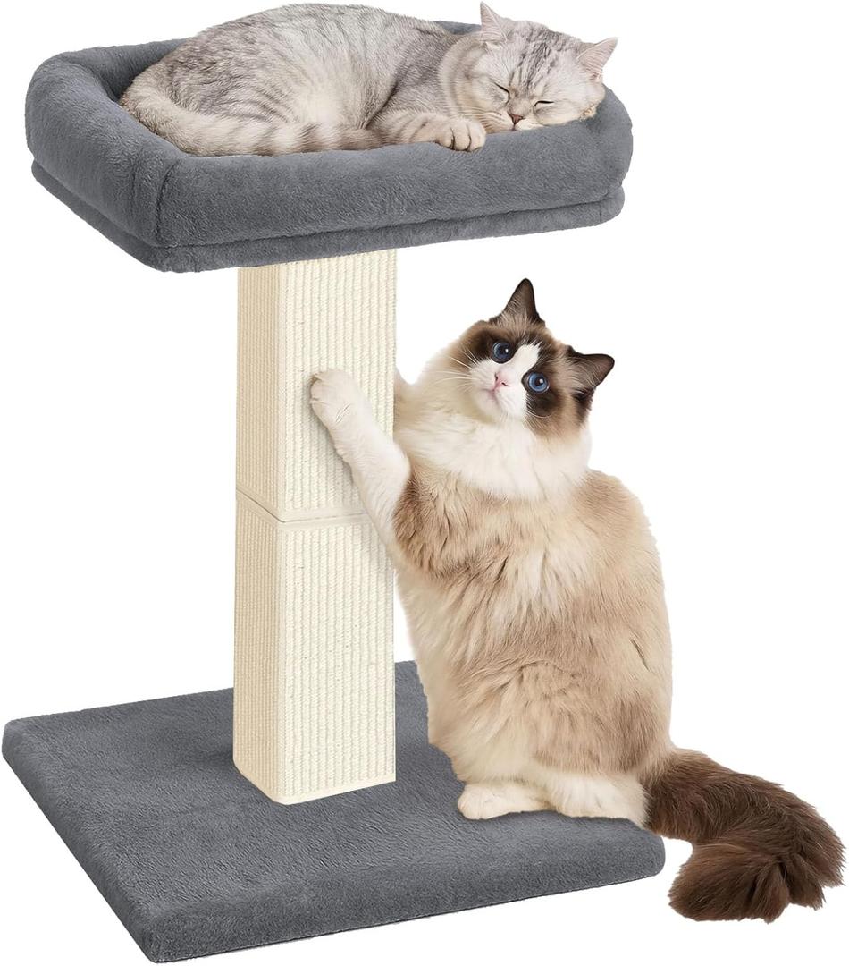 AGYM Cat Scratching Post, 32Cat Scratcher with Large Plush Perch, Sisal & Carpet Scratching Post, Vertical Posts with Elevated Bed for Indoor Cats, Removable& Washable Cover, Grey