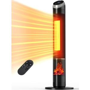 Space Heater Indoor, 38" Electric Room Heater with Flame, 24H Timer, Portable Tower Heater with Remote, Thermostat, 3 Modes, Tip-over and Overheat Protection, for Bedroom Office Large Room Use (Black)