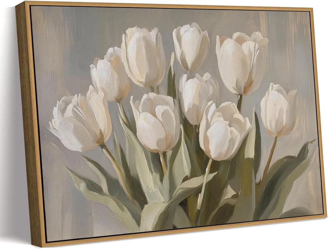 MTFBWY Framed White Tulip Wall Art Vintage Botanical Canvas Picture, Farmhouse Floral Print, Rustic Still Life Decor for Kitchen, Bedroom, Bathroom 16L x 12W