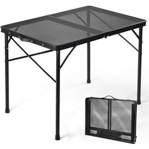 3ft Folding Table with Adjustable Height, Camping Table with Carry Handle, Metal Mesh Table ,Portable Grill Table for Camping, Tailgating, BBQ, Picnic & Indoor, Fits 36 People, Supports 66lb, Black