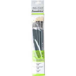 Winsor & Newton Foundation Oil Hog Brush Set, Long Handle, Round Filbert & Flat, 6 Pack (White)