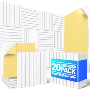 20 Pack Sound Proof Foam Panels for Walls, Acoustic Panels with Self-Adhesive 12" X 12" X 0.4" Slatted Soundproof Wall Panel, High Density Sound Absorbing Panel for Gaming Recoding Studio Decor-White