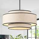 MeiShiDeng 19.7''Black Drum Chandelier Dining Room Light Fixtures,5-Light Modern Farmhouse Chandelier with White Linen Lampshade,3-Tier Pendant Lights for Kitchen Island, Foyer, Entryway, Bedroom