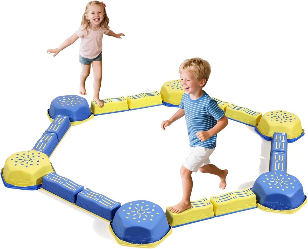 18 Pieces Non-Slip Balance Beam Stepping Stones for Kids 3 Years + Stackable Obstacle Course Balance Board for Toddlers Thicken Plastic Hold up 220LBS Indoor Outdoor Sensory Toy