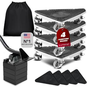 Heavy Duty Furniture Dolly Set with Lifter  360 Rotating Rollers, Floor Protection, Gloves & Storage Bag  Easy Moving Tool for Home or Office (2650)