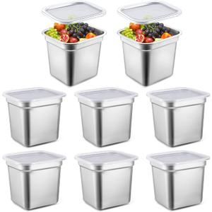 8 Pcs 1/6 Size Hotel Steam Table Pans with Lids, Stainless Steel Food Containers and PP Plastic Covers, Anti-clogging Steamer Pans for Buffet, Catering, Restaurant, and Food Prep(6" Deep)