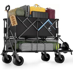 52" Heavy Duty Double Decker Wagon, 650L Collapsible Folding Wagon Cart with Brakes, 560 lbs Load, All-Terrain Big Wheels for Camping, Fishing, Sports and Transport, Black