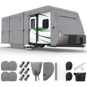 XGear Travel Trailer RV Cover 27'-30' Extra-Thick 7 Layers Camper Cover Windproof Upgrade Trailer Cover Rip-Stop RV Covers with Repair Patches, 2Pcs Extra Straps & 4 Tire Covers