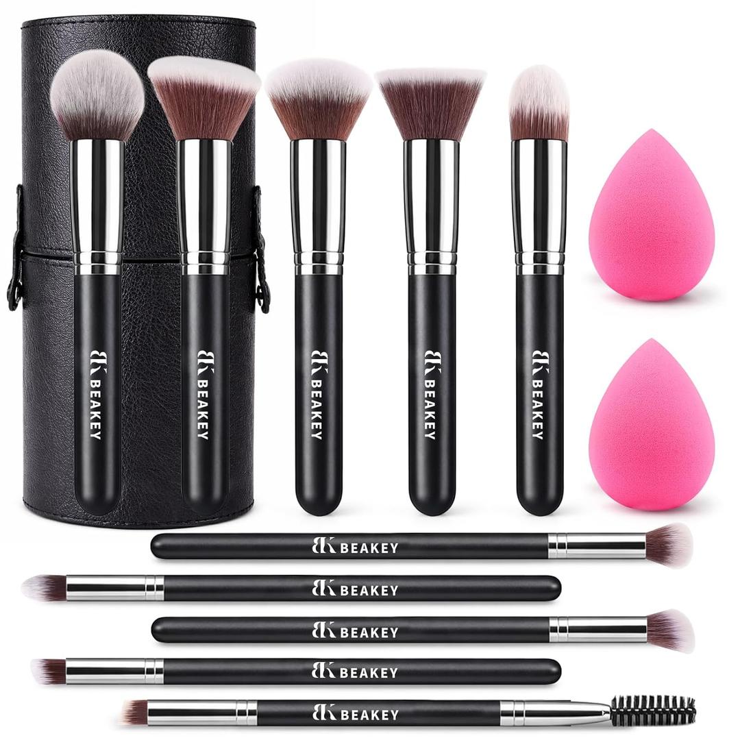 BEAKEY 13PCS Makeup Brush Set with Case & 2 Sponges, 10 Brushes Full Face Kit, Beginner Friendly, Soft Synthetic Bristles for Smooth Even Application, Travel Kit for Face & Eyes