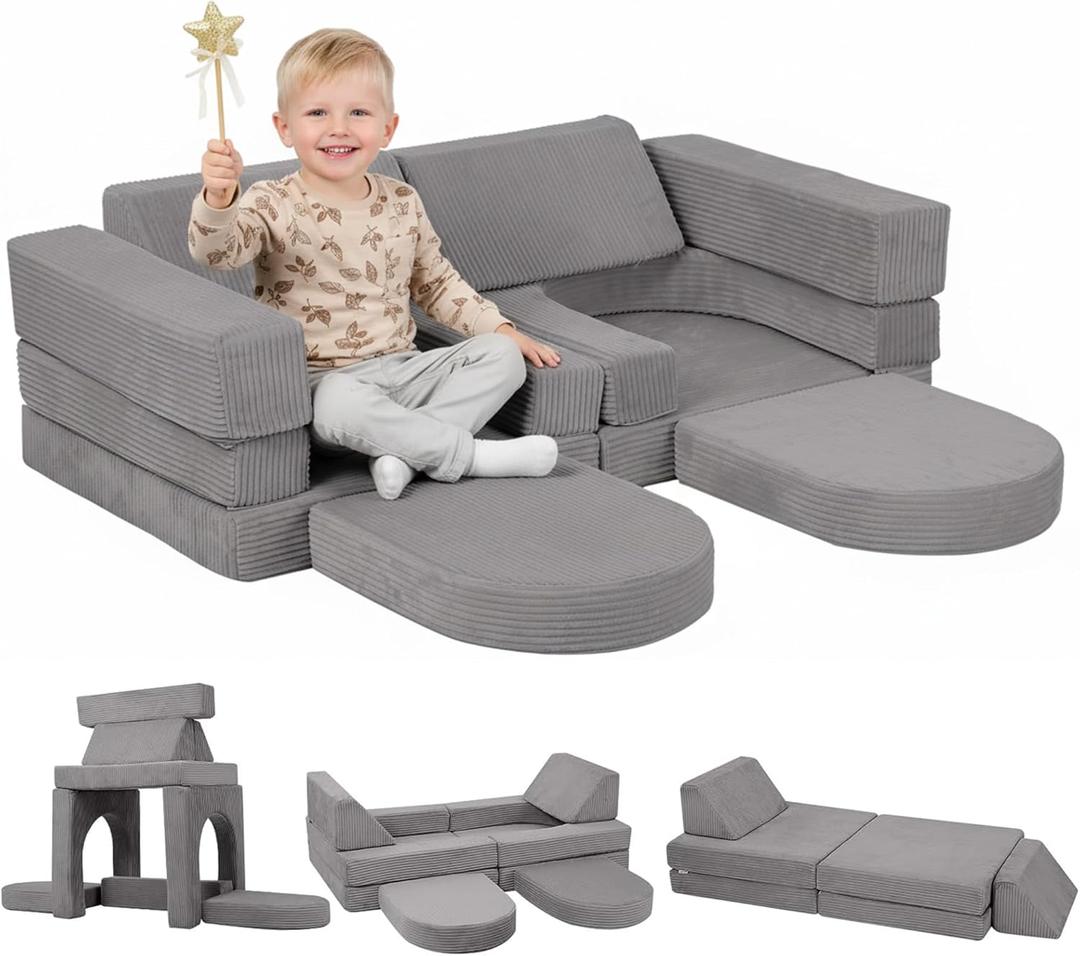 MeMoreCool Kids Modular Play Couch  10 Piece Corduroy Foam Sofa, Light Grey Convertible Playroom Furniture for Toddlers | Fort Building Set | Washable, Soft & Durable