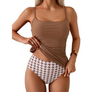 Eomenie Women's Swimsuit Tankini Tummy Control Bathing Suits Two Piece Full Coverage Slim Swim Suits with High Waisted Bottom (XX-Large, Brown and Printed)