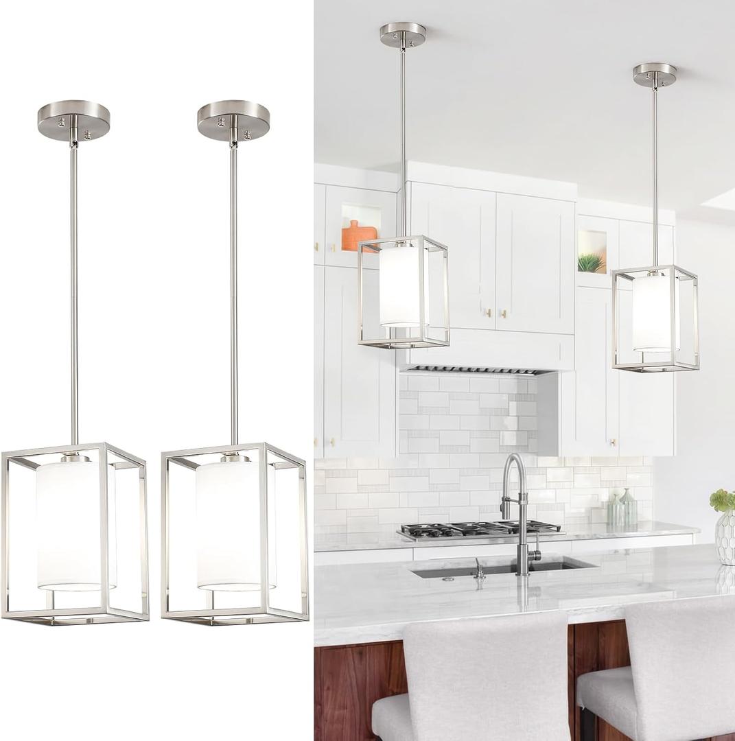 Brushed Nickel Pendant Lights Kitchen Island 2 Pack, Modern Small Lantern Kitchen Pendant Lighting Over Island, Farmhouse Kitchen Island Lights Ceiling Hanging, Industrial Cage Pendant Light Fixtures