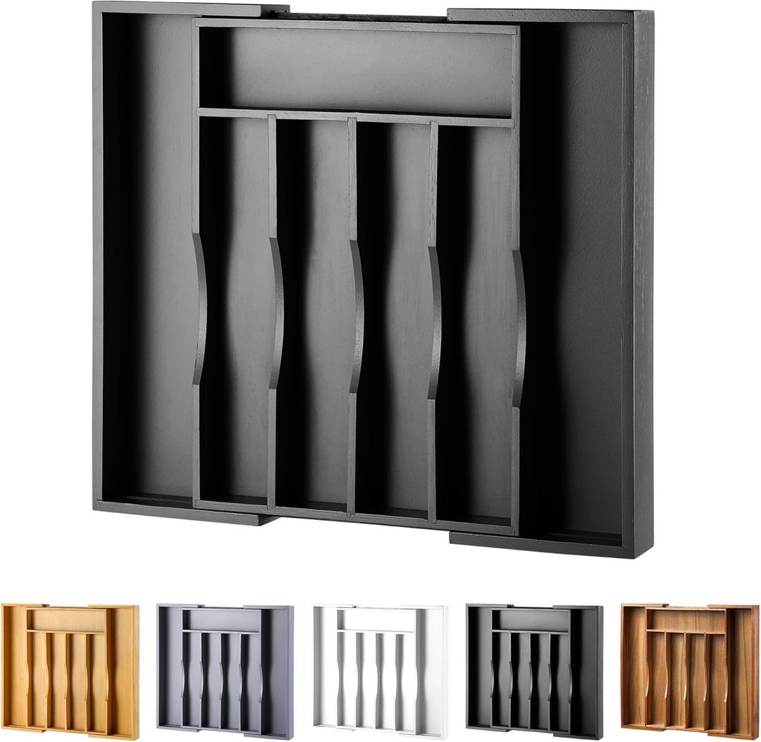 Expandable Bamboo Kitchen Drawer Organizer for Cutlery and Utensils, Adjustable Bamboo Wood Cutlery Tray in Drawer for Flatware and Silverware in Kitchen, (Black) (7 Slots Expandable)