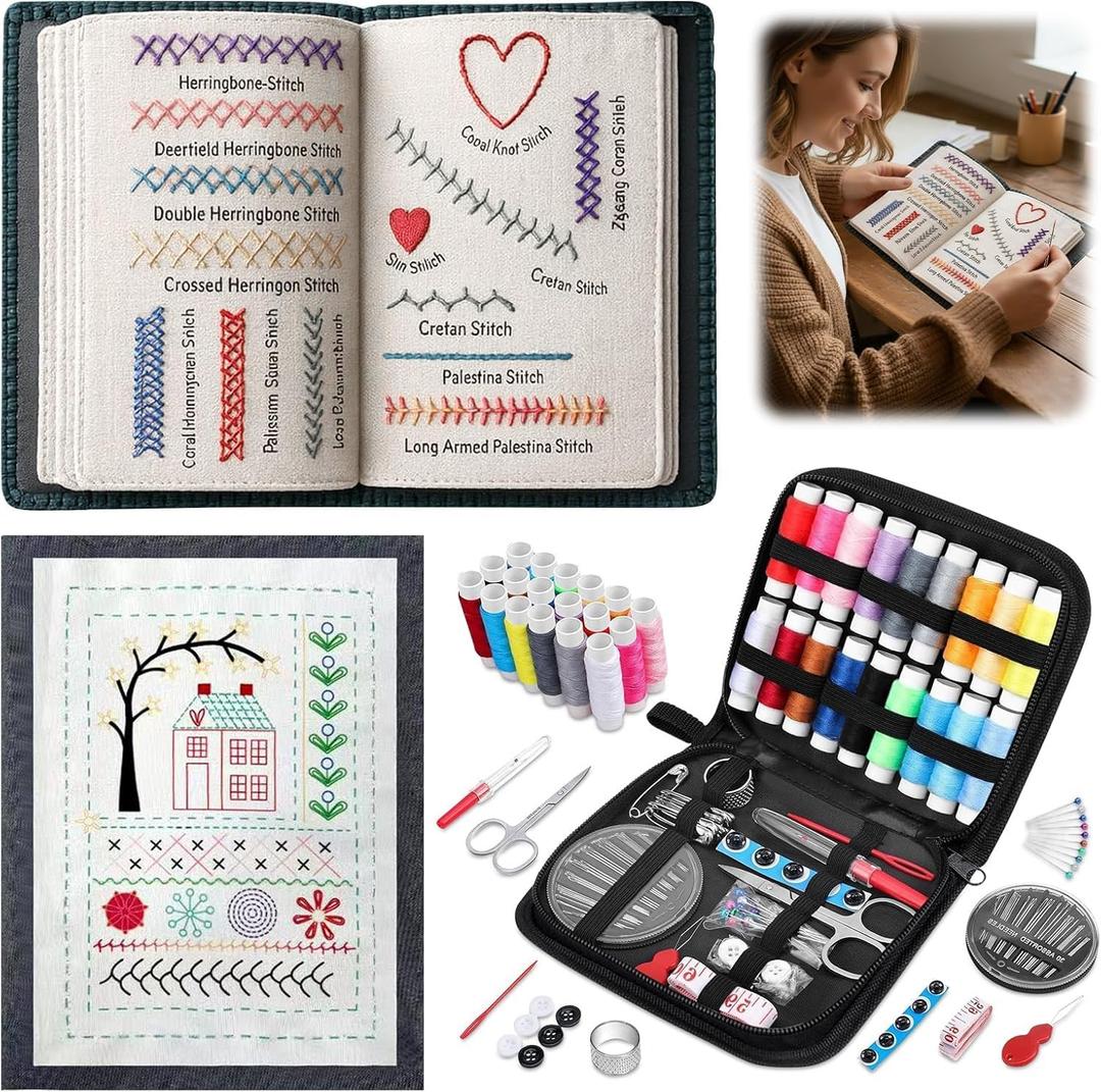 2 x New Embroidery Stitch Book Kit for Adults & DIY Craft Lovers,Portable Embroidery Kit for Beginners Enthusiasts,Includes Guide to 106 Patterns with Tools & Tutorials and 86-Piece Sewing Tool Kit(1 Set)