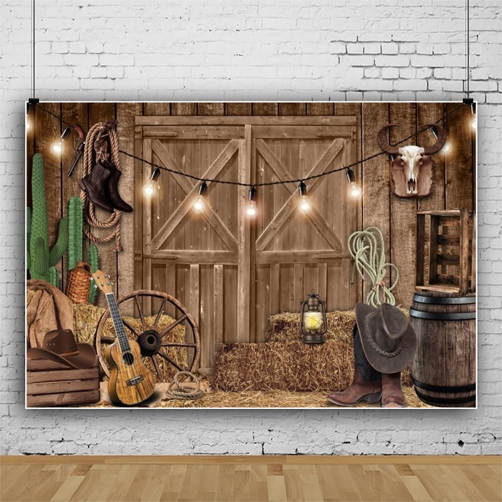 Western Cowboy Backdrop Rustic Barn Door Backdrop Cactus Guitar Wooden Wheels Haystack Backdrop for Theme Birthday Party Decorations Banner Photography Background Studio Props 10x10ft