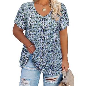 Amrto Womens Plus Size Tops V Neck Petal Short Sleeve Tunic Blouses Summer Loose Casual Shirts XL-5XL, 4XL
