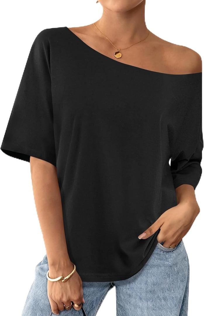 SOFIA'S CHOICE Women Off The Shoulder Tops Summer Casual Loose Boat Neck Short Sleeve T Shirt Black X-Large