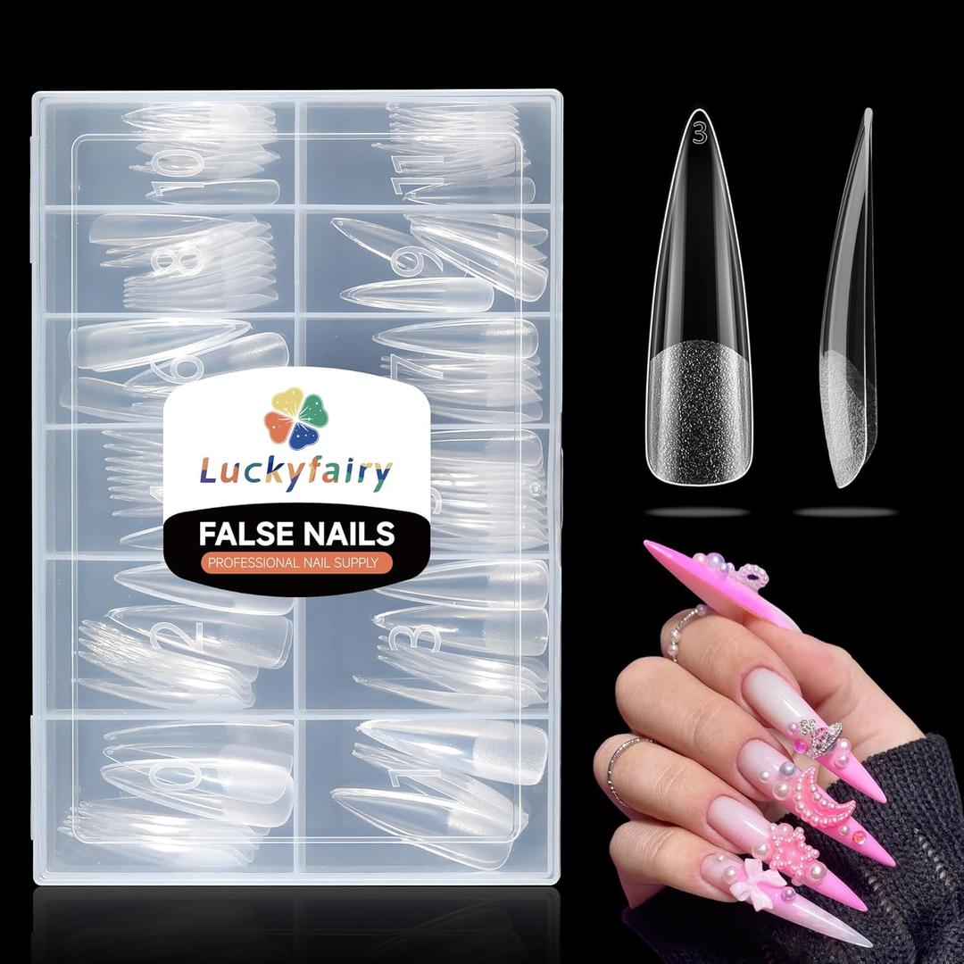 XXL Stiletto Nail Tips 120 Pcs Full Cover Pre-buff Stiletto Gel Press On Nails Flat Tips for Acrylic Nails for Home DIY Nail Extensions 12 Sizes