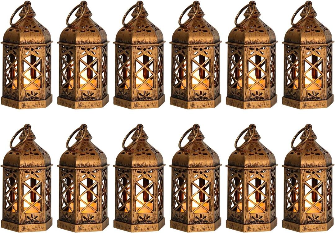 12-Pack Mini Lanterns for Ramadan, Small Decorative Lanterns with Flickering LED Candles for Wedding & Festivals, Hanging Moroccan Lantern for Table Centerpiece, Baby Shower Decor, Bronze