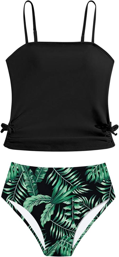 Girls Tankini Swimsuits Two Piece Bathing Suit Drawstring Swimwear Set for Girls(Green, 11-12Y)