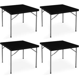 LUSHVIDA 4 Packs Vinyl Card Tablecloth with Flannel Backing 48x48 inch - Waterproof Plastic Picnic Table Cover for Square Folding Table Cloth with Elastic Corners, Black